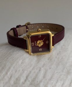 Ankora Red Square Dial Camellia Watch – Vintage Style, Genuine Leather Strap